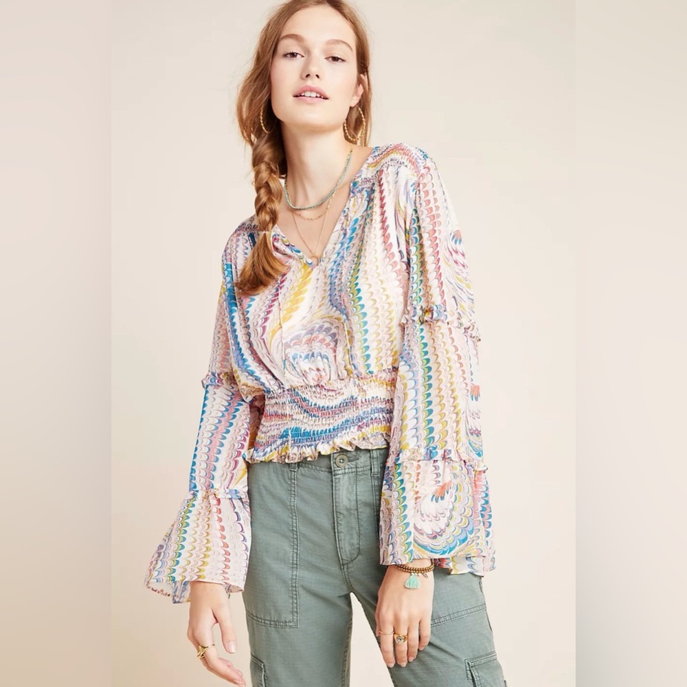 Anthropologie Maeve Jessa Peasant Blouse Smocked Bell Sleeve Boho Flare Size S